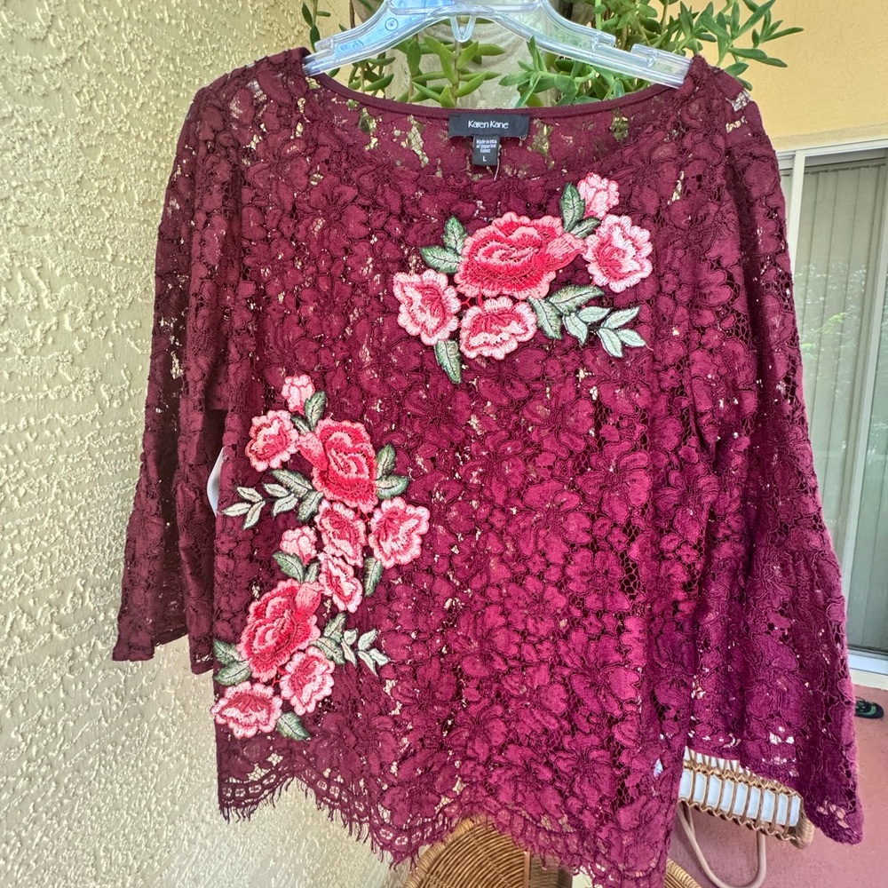 Karen Kane Deep Red Lace Floral Blouse
